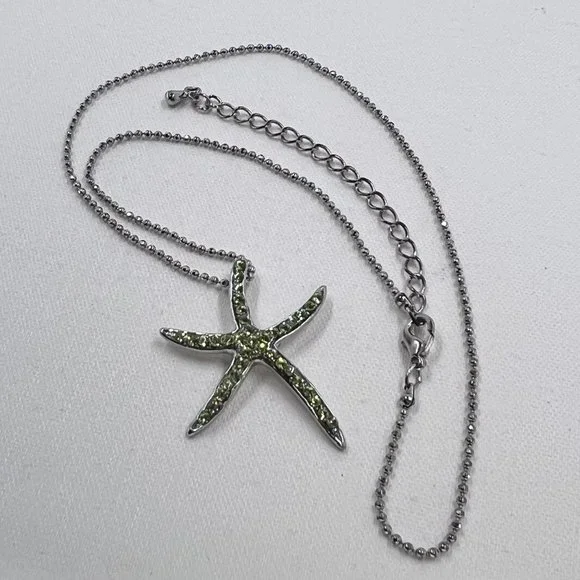 Green Jeweled Starfish Pendant Silver Tone 16” Ball Chain Necklace - Picture 2 of 7